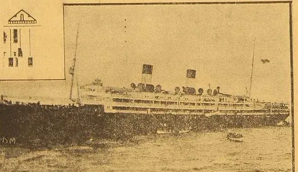 The Principessa Mafalda at 18:15 on 25 October 1927, photographed from the deck of the Alhena, with lifeboats already in the water.