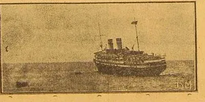 The ship at 18:30, listing and beginning to sink by the stern.