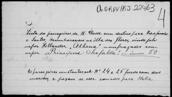 The note that closes the list: fifty third-class passengers, landed at Ilha das Flores, brought by the Alhena. Below, by hand: passengers number 24 and 25 “perderam seus maridos” (lost their husbands) and asked to be sent back to Italy.