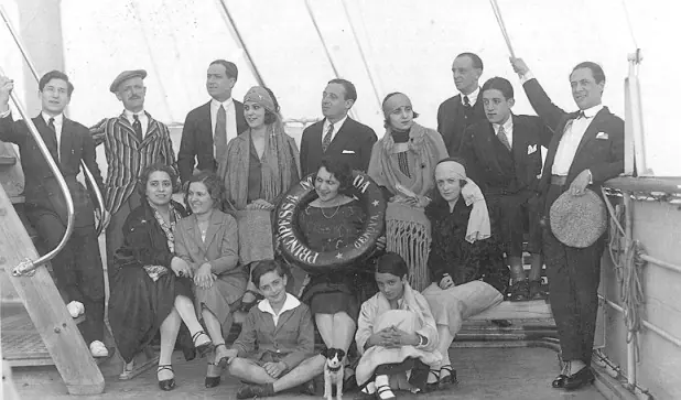 A company of actors travelling on board, in the mid-1920s.