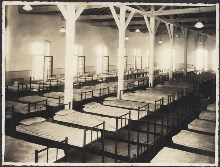 A Hospedaria dormitory, with iron bunks in rows.