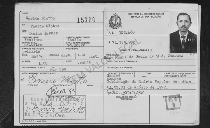 Enrico Miotto’s foreign-resident identity card, with photograph, São Paulo, 1977. Son of Fausto Miotto and Rosina Forner, landed at Santos, born 10 October 1926.