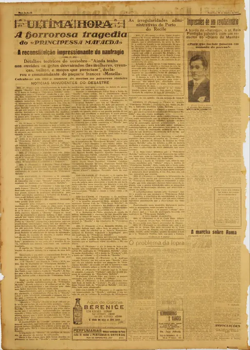 “A horrorosa tragedia do Principessa Mafalda” (The horrific tragedy of the Principessa Mafalda): the captain of the Mosella reconstructs the sinking, and the paper puts the dead at 600.