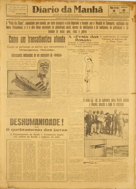 “Como um transatlantico afunda” (How a liner sinks): a portrait of Captain Gulì and, below it, a scene of the Titanic sinking, which the paper itself calls “similar to that of the Principessa Mafalda”. Without photographs, the press illustrated with another ship.