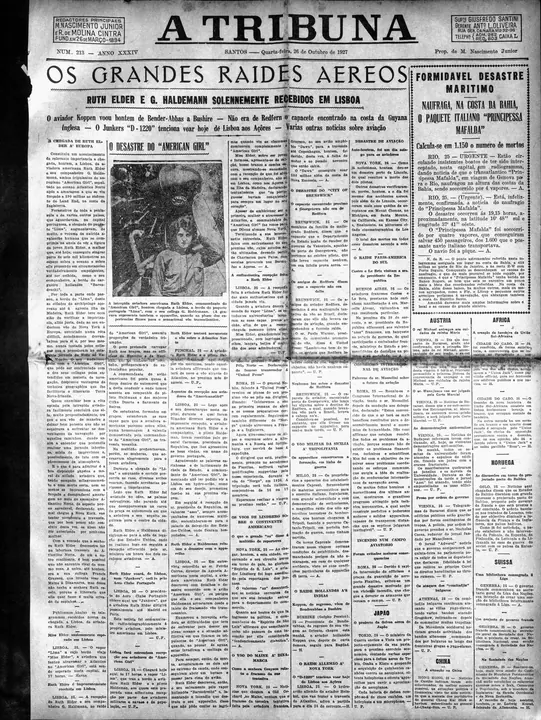The first report in Santos, in the corner of the page: “Formidavel desastre maritimo” (Tremendous maritime disaster). The day’s headline was still aviation, and the death toll given was 1,150.
