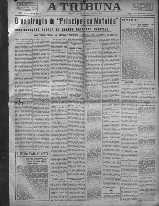 “O naufrágio do Principessa Mafalda” (The wreck of the Principessa Mafalda): the immigration superintendent’s official letter about the survivors landed in Rio.