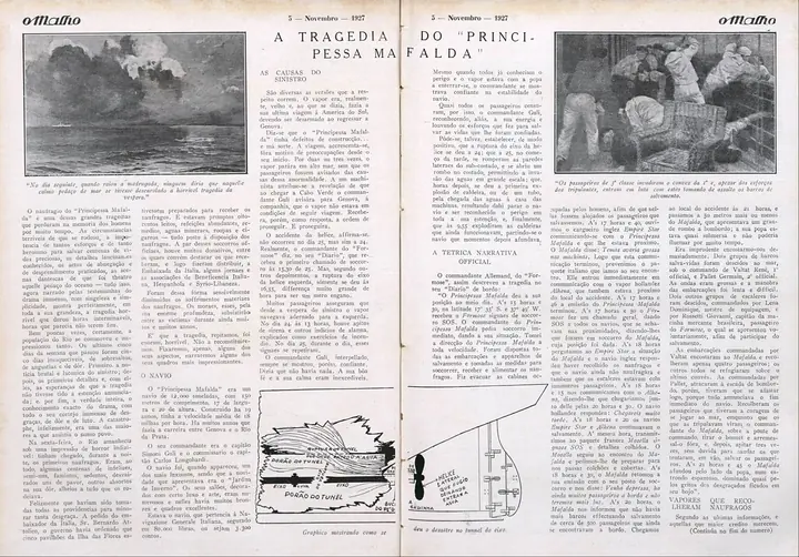“A tragédia do Principessa Mafalda” (The tragedy of the Principessa Mafalda), across a double page, with the logbook of the captain of the French ship that heard the distress call.