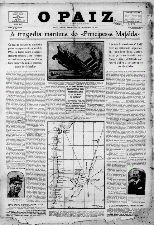 “A tragedia maritima do Principessa Mafalda”, with a map of the route, and the headline saying the captain had been saved, which was false.