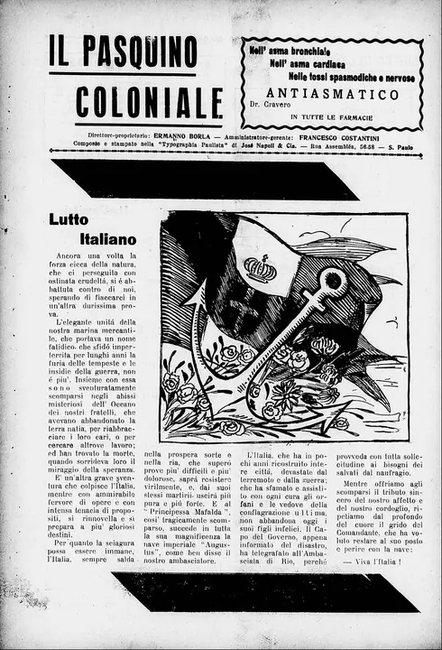 Lutto Italiano: the cover of the São Paulo Italian community’s magazine after the shipwreck. Dated by its content to between 29 October and 12 November 1927.