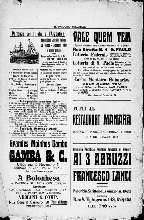 An advertisement for Navigazione Generale Italiana: third class to Genoa and Naples on the Principessa Mafalda cost 225 gold francs, and the company described it with a dining room, washrooms with mirrors and electric light. Before June 1916.