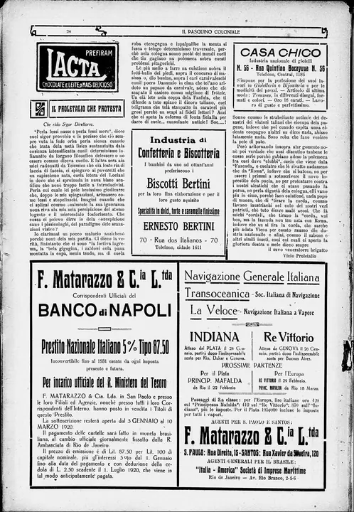 A 1920 advertisement for Navigazione Generale Italiana: third class to Europe on the Principessa Mafalda cost 420 gold lire, more than on the other ships advertised.