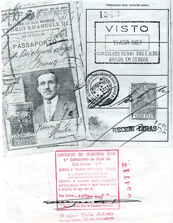 Angelo Dei Agnoli’s Italian passport, Regno d’Italia, with the visa of the Brazilian Consulate General. Certified photocopy made in 1992.