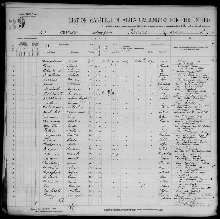 The manifest of the steamer Chicago, Le Havre to New York, June 1913, sheet 39. On line 18, Pietro Forner, 24, of Castelcucco, Rosa’s brother; his next of kin in Italy, his father, Vincenzo Forner.