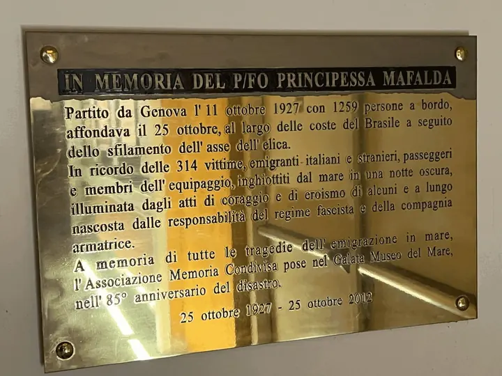 The plaque in memory of the shipwreck at the Galata Museo del Mare in Genoa, unveiled on 25 October 2012, the 85th anniversary: 1,259 people on board, 314 victims.