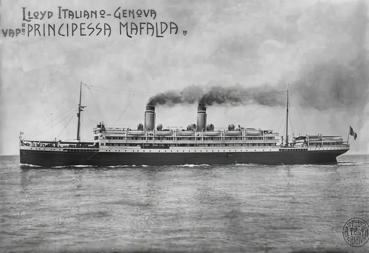 Lloyd Italiano postcard: vap.e Principessa Mafalda, both funnels smoking.
