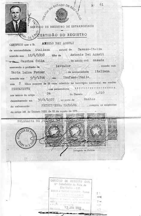 Angelo Dei Agnoli’s Foreigners’ Registry certificate no. 61: landed at Santos on 30 April 1927 from the steamer Principessa Mafalda. Certified photocopy made in 1992.
