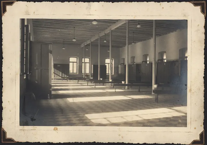 An empty room in the Hospedaria, with benches along the walls and light coming in through the windows.