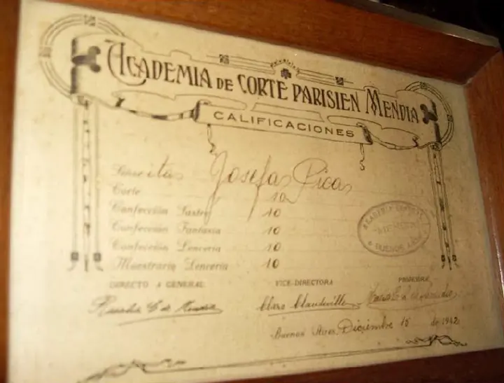 Josefina’s marks at the Academia de Corte Parisien Mendia, Buenos Aires. Top marks in every subject.