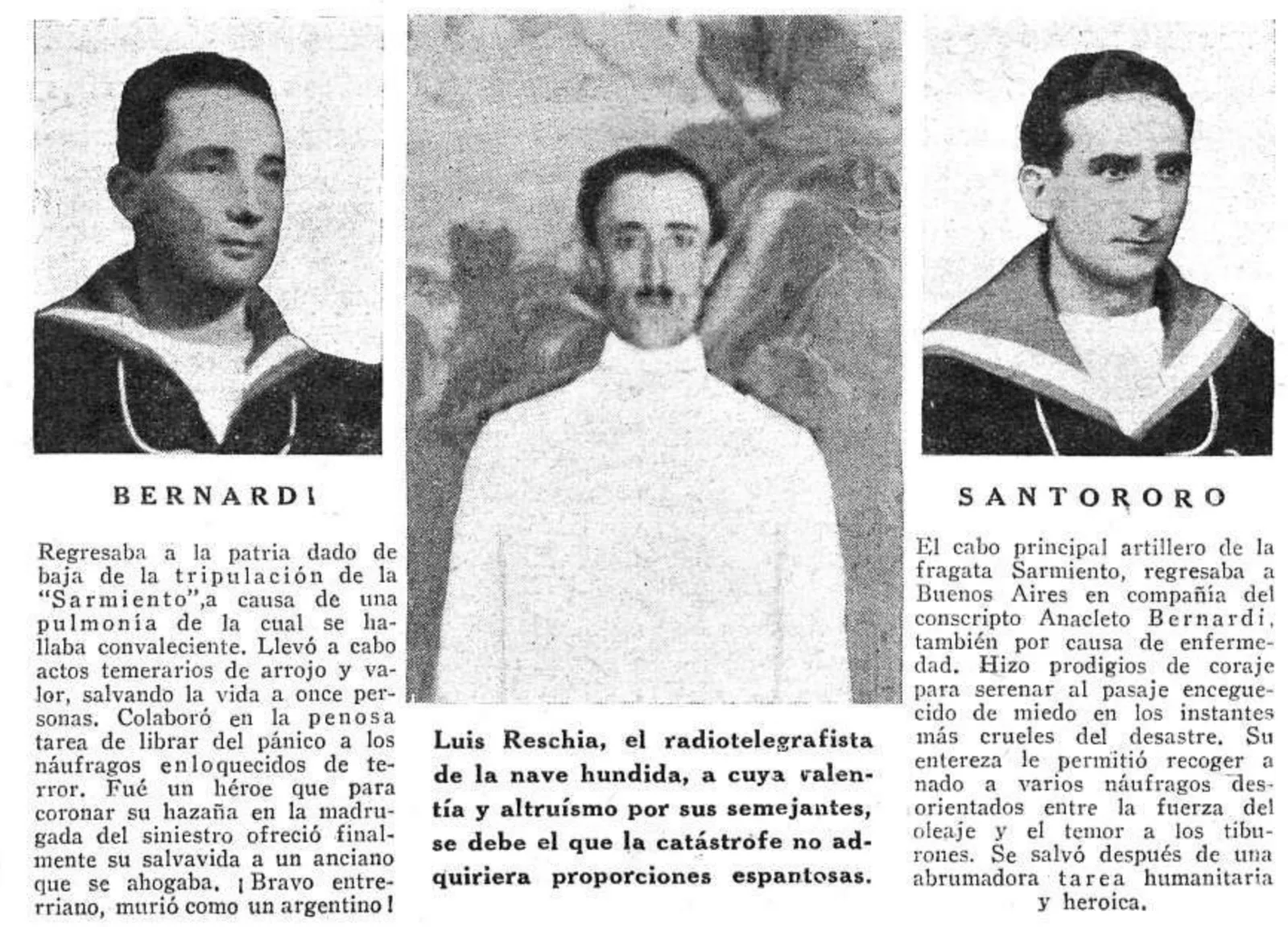 Pagina della rivista Caras y Caretas del 1927 con i ritratti di Bernardi e di Santororo in divisa da marinaio, e tra loro il radiotelegrafista Luis Reschia.