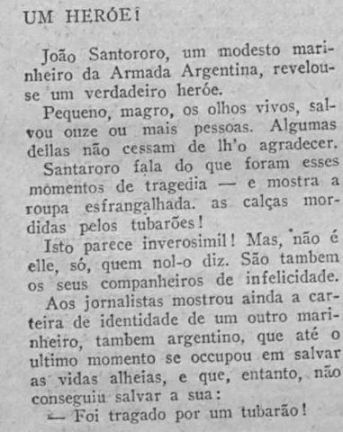 Colonna di O Malho del 1927 intitolata Um heróe!, su João Santororo, marinaio della Marina argentina.