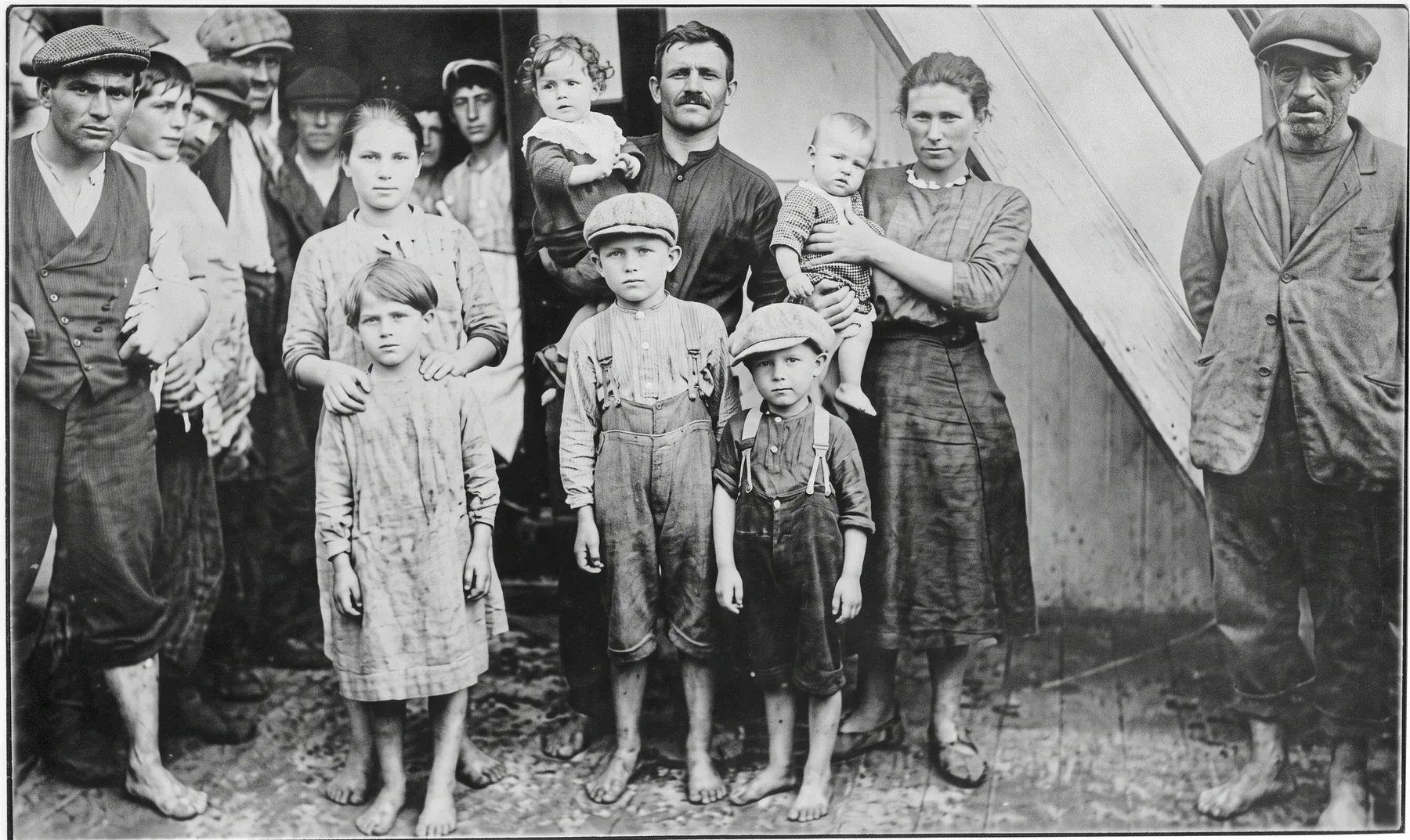 An emigrant family posing: parents, barefoot children and a baby in arms.