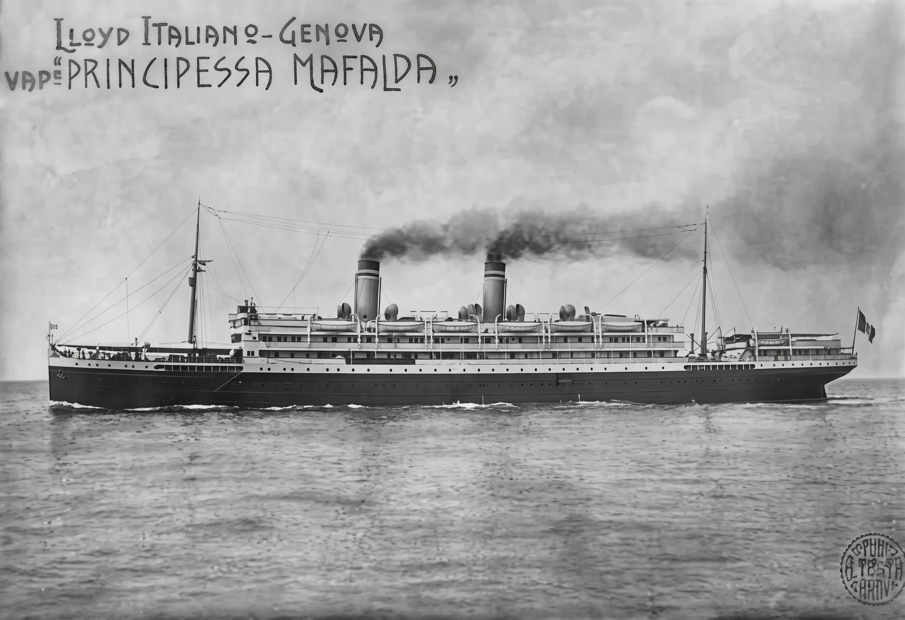 Lloyd Italiano postcard showing the Principessa Mafalda in profile, with her two funnels.